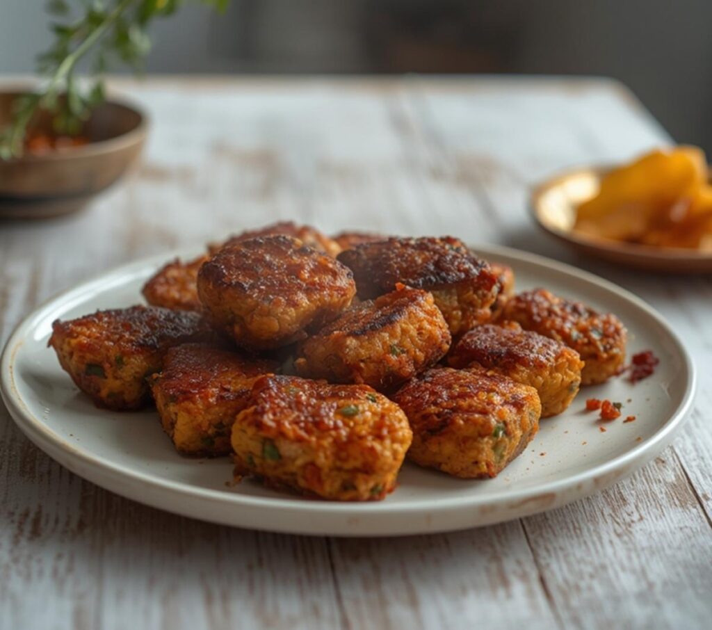 air fryer kofta kebab: Golden brown air fryer kofta kebabs with crispy edges on a serving plate, perfect for quick dinners.