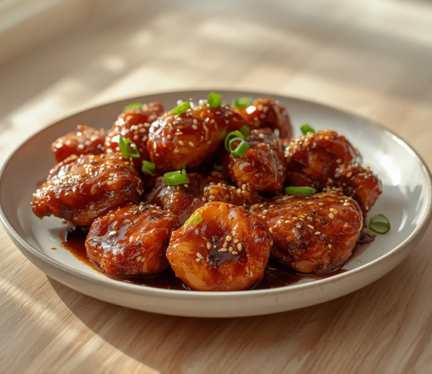 air fryer korean bbq chicken: Sticky glazed air fryer Korean BBQ chicken thighs with sesame seeds and green onions on a plate