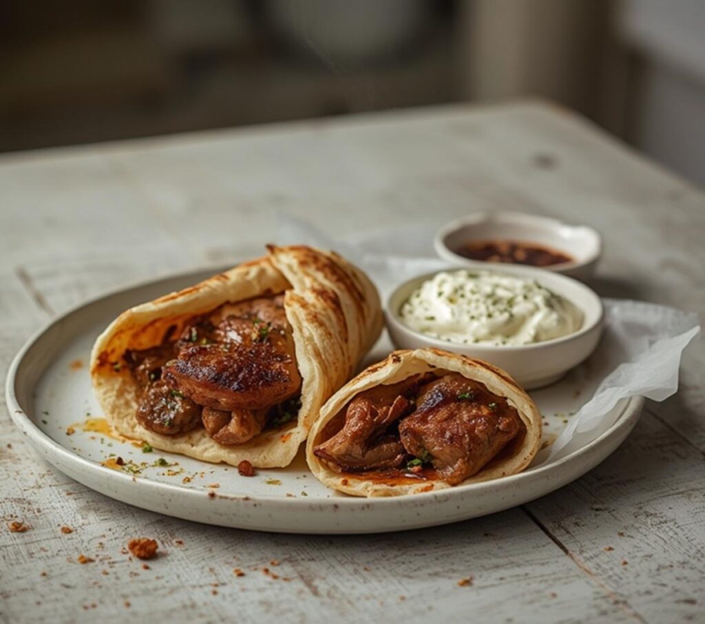air fryer lamb gyro: Crispy air fryer lamb gyro in pita with tzatziki sauce on a plate.