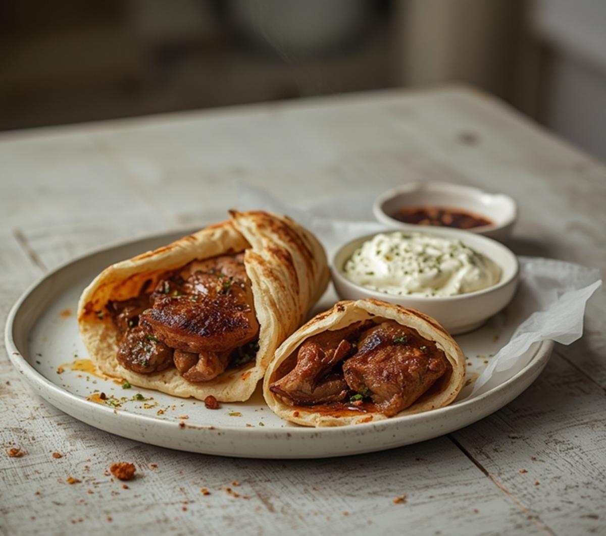 air fryer lamb gyro: Crispy air fryer lamb gyro in pita with tzatziki sauce on a plate.