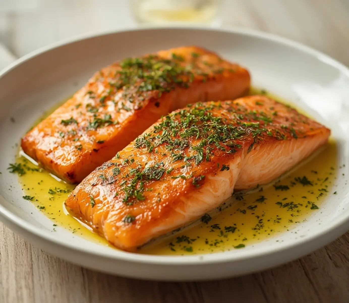 air fryer lemon dill salmon: Close-up of golden-brown air fryer salmon fillet with fresh dill and lemon garnish, flaky and juicy.