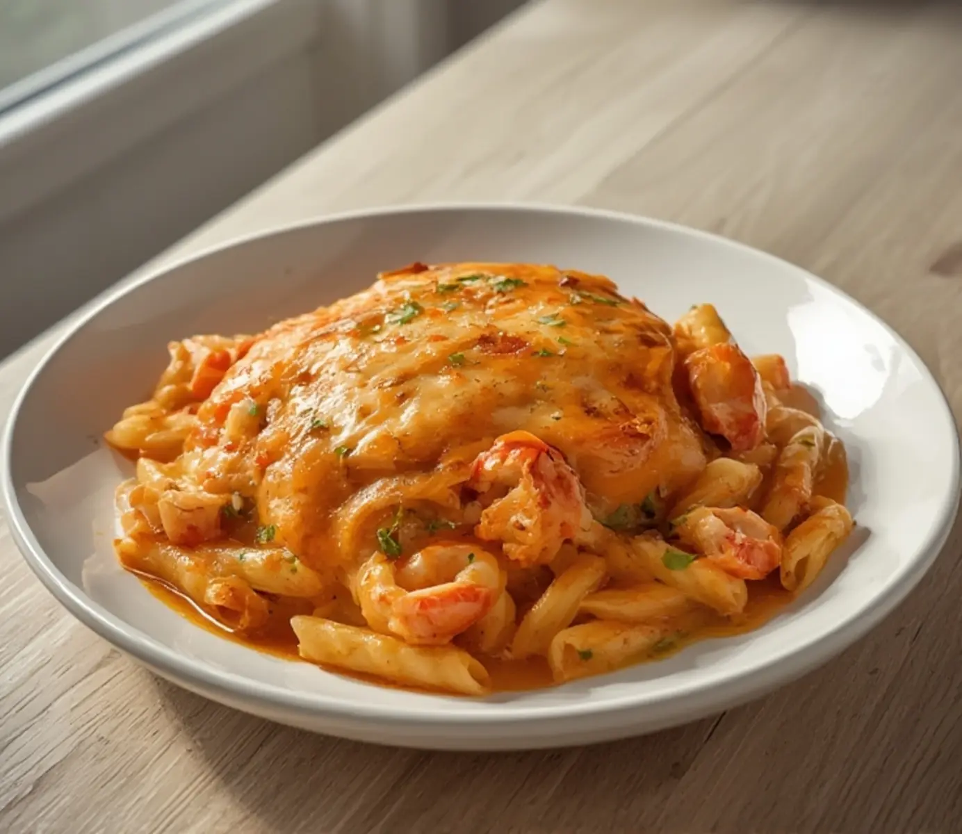 air fryer lobster mac cheese: Golden bubbling air fryer lobster mac cheese in a dish with creamy texture and visible lobster pieces.