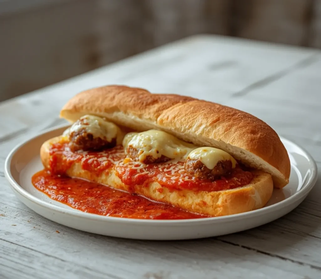 air fryer meatball sub: Juicy air fryer meatball sub with melted cheese on a toasted hoagie roll