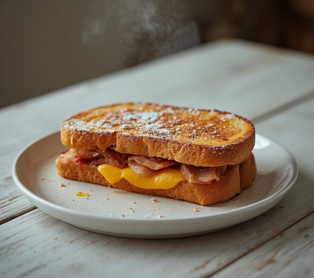 air fryer monte cristo: Golden crispy air fryer monte cristo sandwich on a plate with melted cheese and powdered sugar.