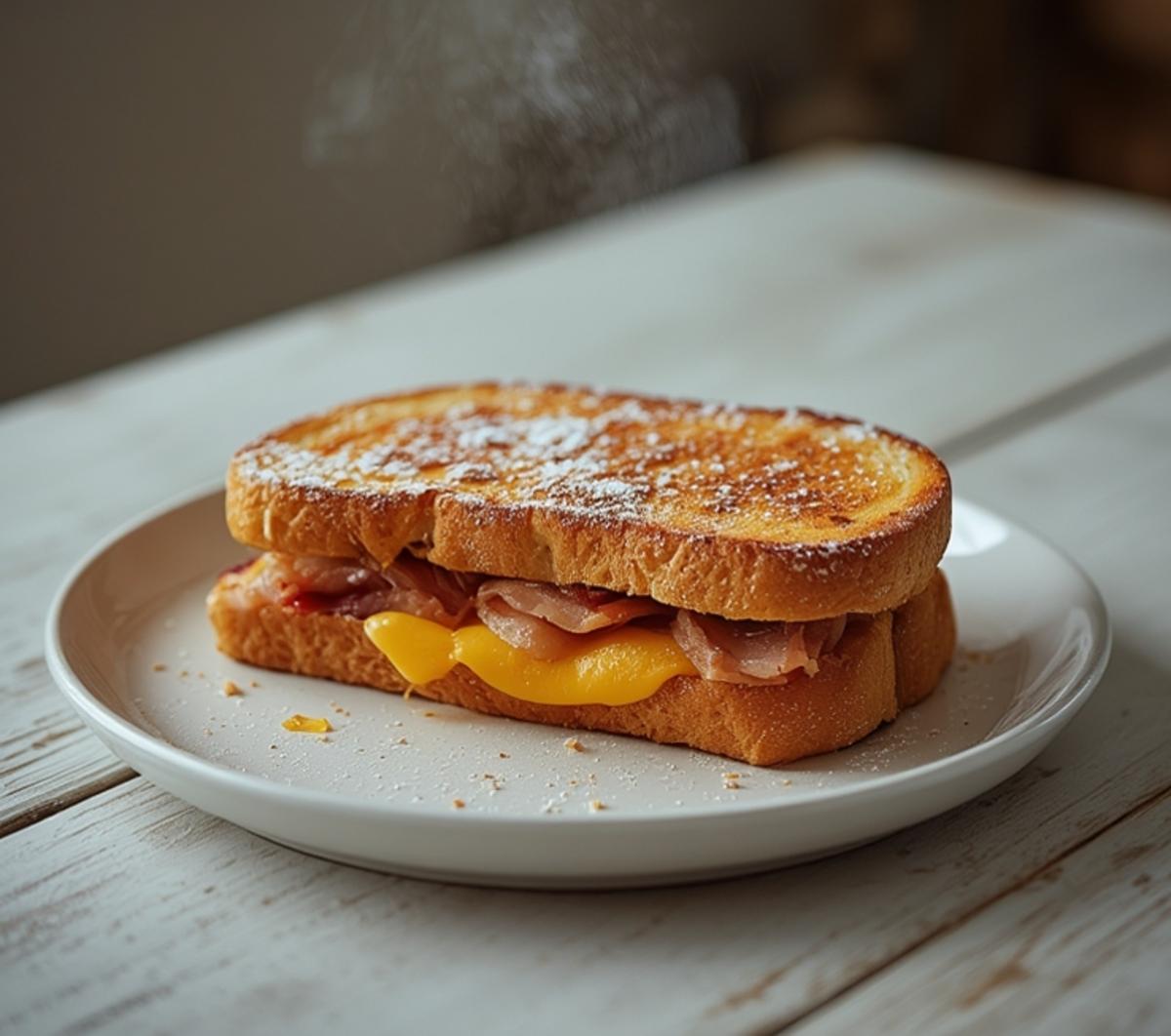 air fryer monte cristo: Golden crispy air fryer monte cristo sandwich on a plate with melted cheese and powdered sugar.