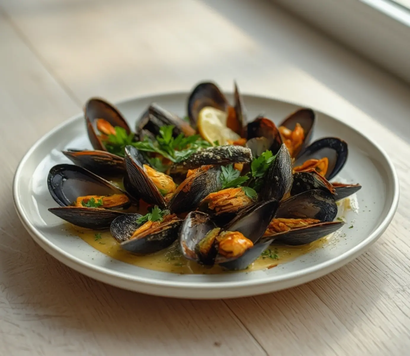 air fryer mussels garlic butter: Glistening air fryer mussels garlic butter with open shells and fresh parsley in a close-up view.