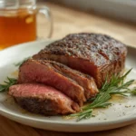 air fryer new york strip steak: Juicy air fryer New York strip steak with crispy crust and pink center, garnished with rosemary.