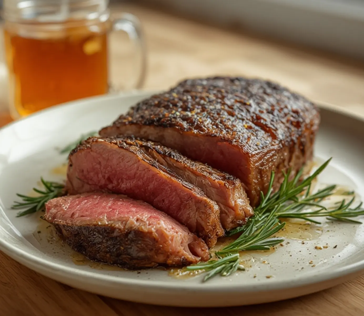 air fryer new york strip steak: Juicy air fryer New York strip steak with crispy crust and pink center, garnished with rosemary.