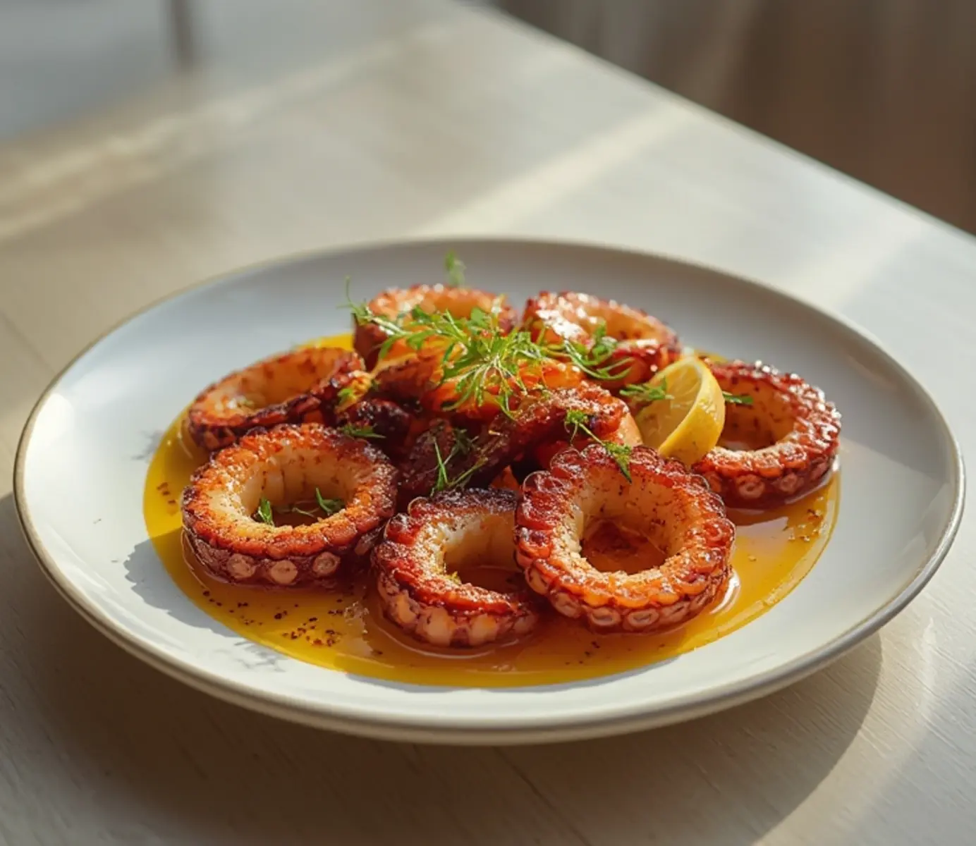 air fryer octopus grilled: Golden brown air fryer grilled octopus tentacles with crispy edges and lemon wedge garnish on white plate
