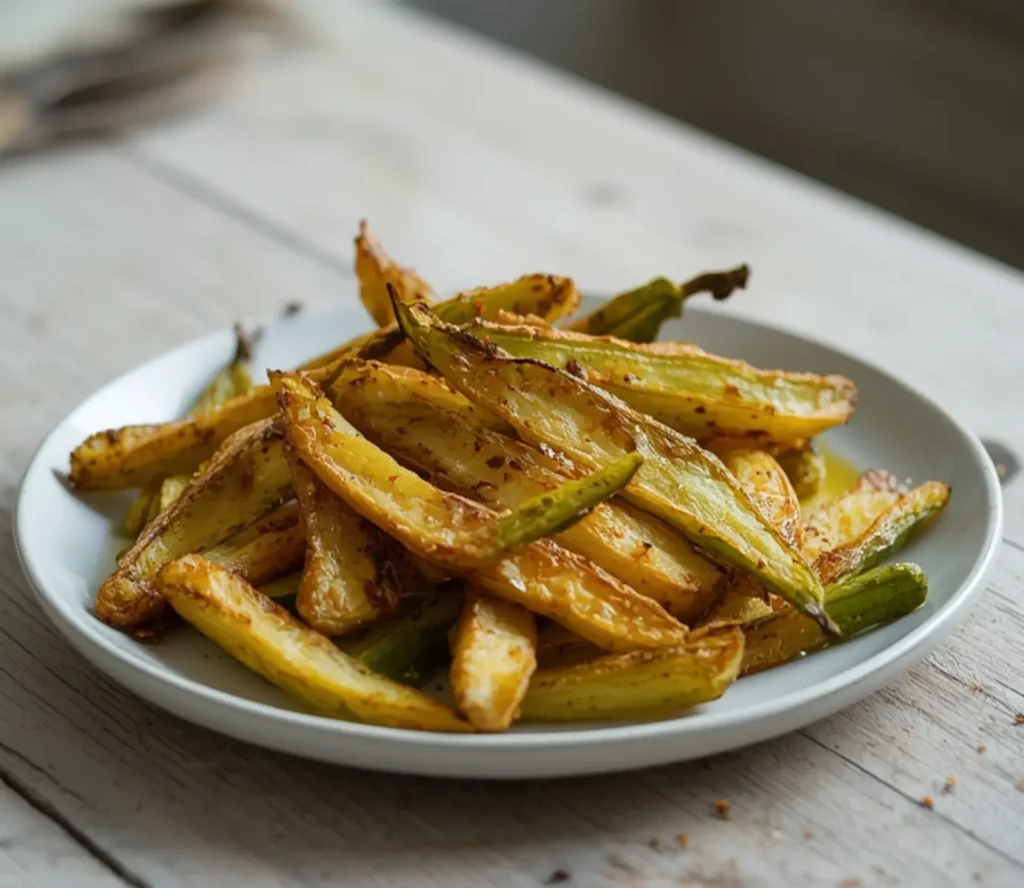 air fryer okra fries: Golden crispy air fryer okra fries on a plate, with crisp edges and savory seasoning.