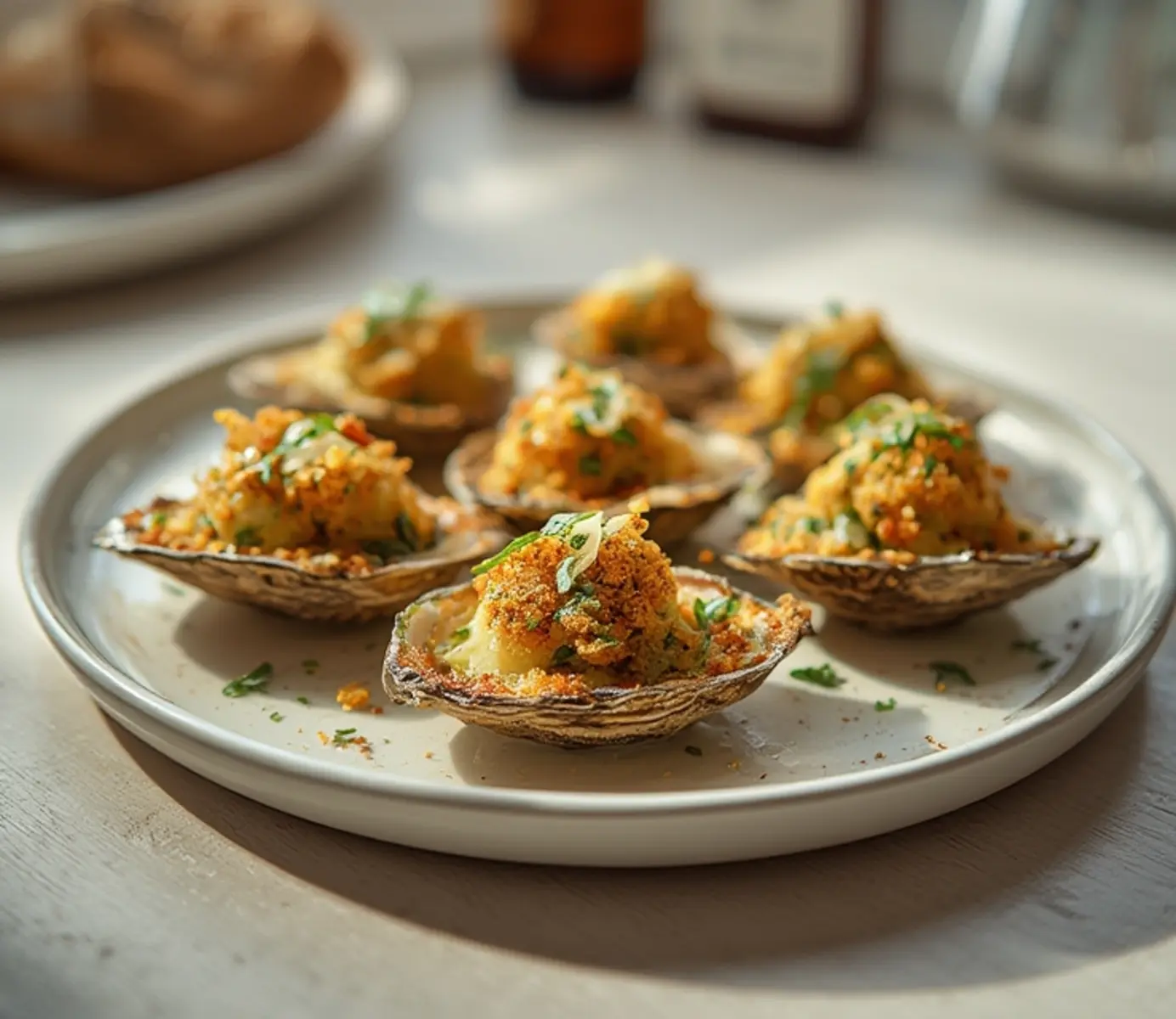 air fryer oysters rockefeller: Golden crispy air fryer oysters rockefeller with bubbly Parmesan topping and green spinach on a serving plate.