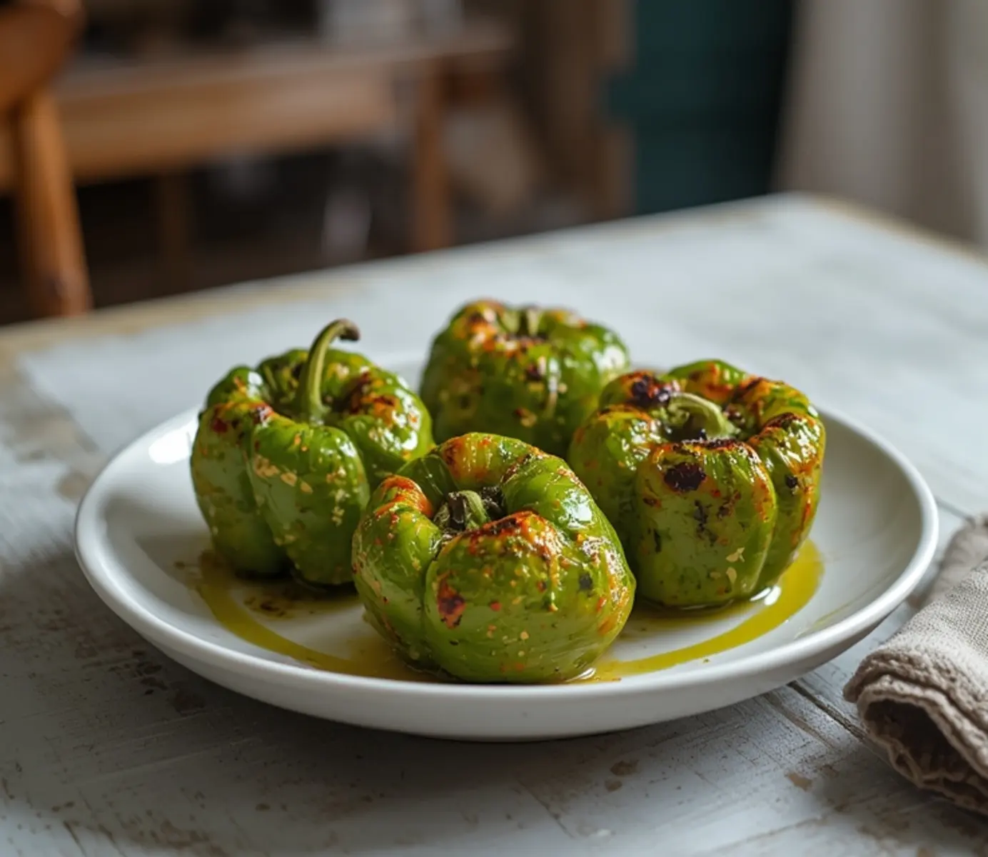 air fryer padron peppers: Crispy golden blistered air fryer padron peppers piled high with flaky salt