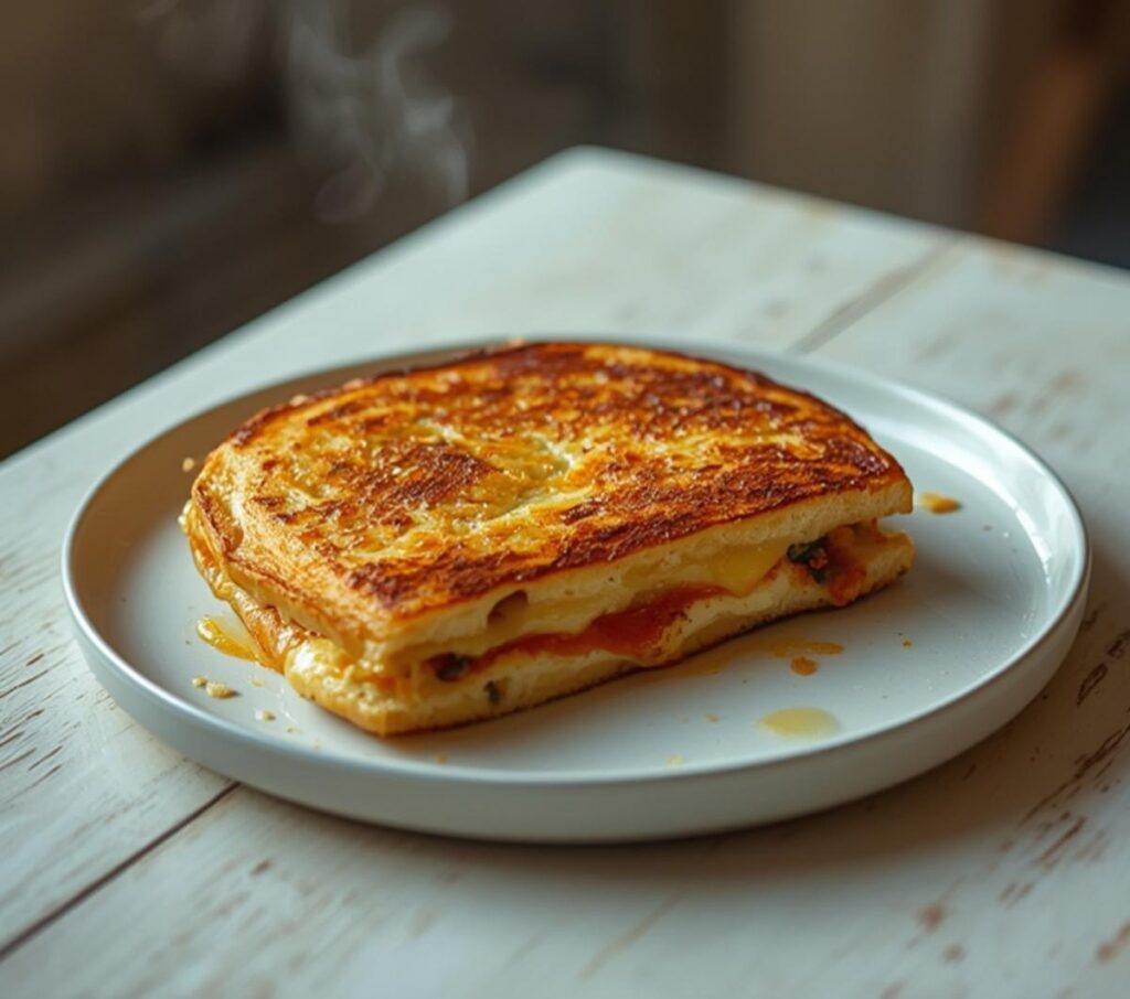 air fryer panini: Golden air fryer panini with crispy edges and melted cheese on a plate.