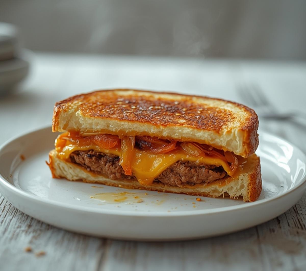 air fryer patty melt: Golden air fryer patty melt with melted cheese and caramelized onions on toasted rye bread.