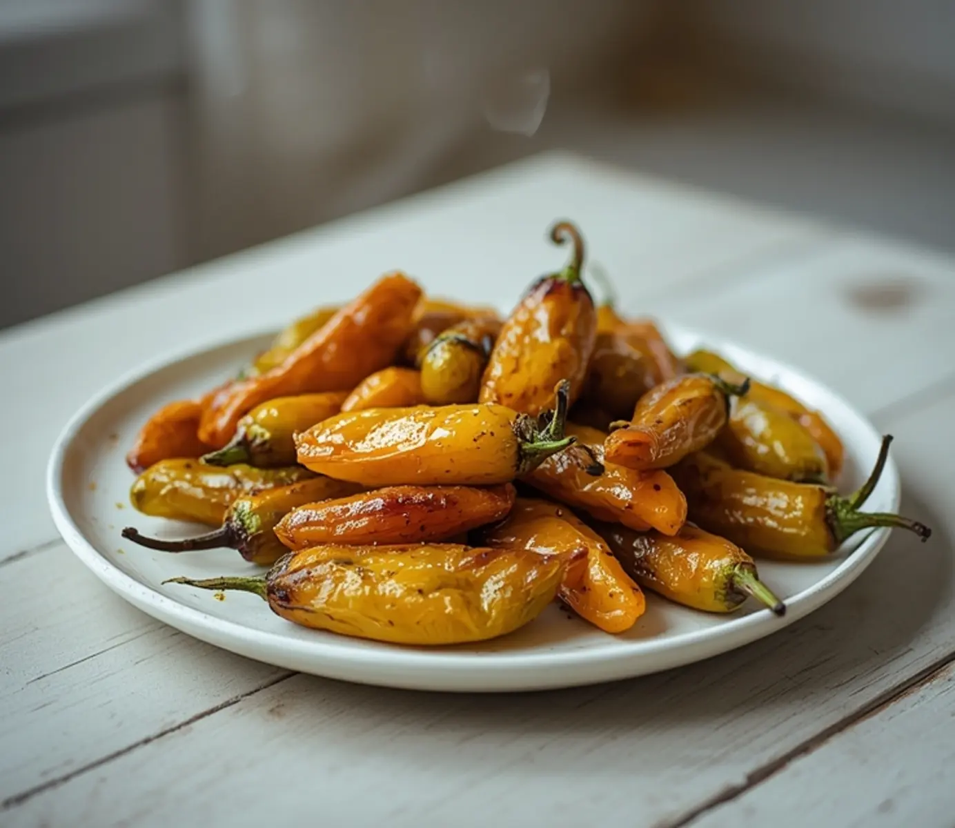 air fryer pepperoncini: Golden, crispy air fryer pepperoncini peppers with blistered skin and glistening oil in a basket.