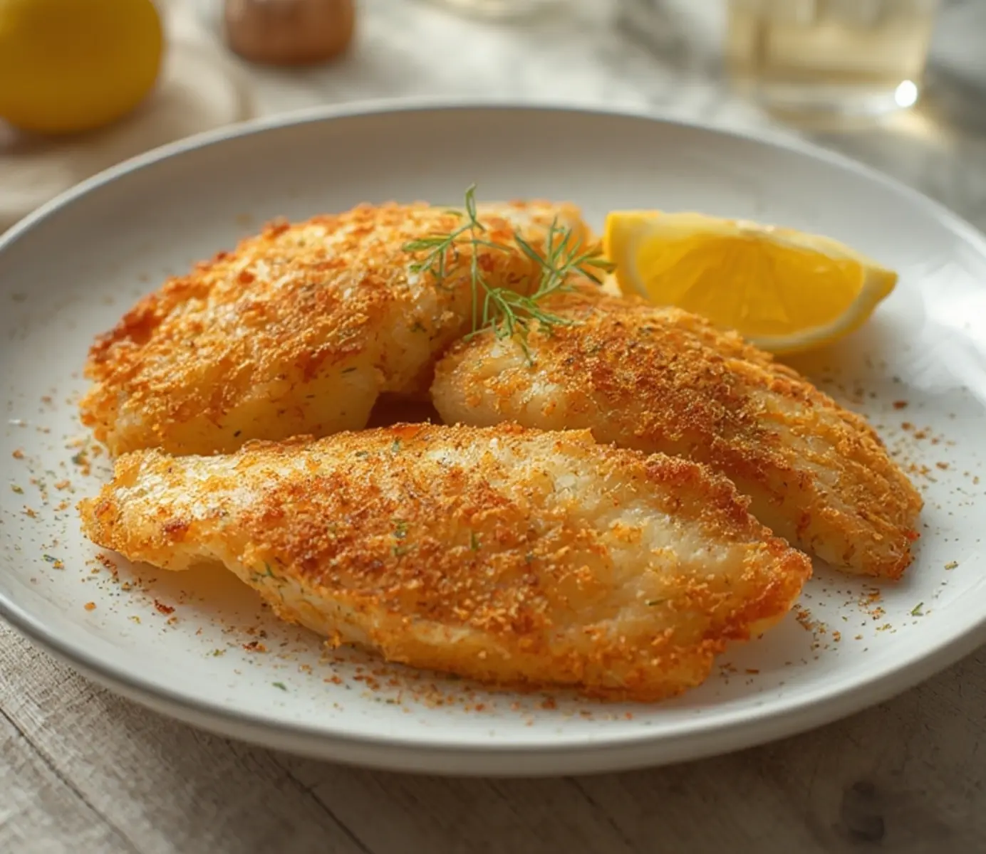 air fryer perch fillets: Crispy golden air fryer perch fillets with a crunchy exterior and tender, flaky interior, seasoned with paprika and a hint of lemon.