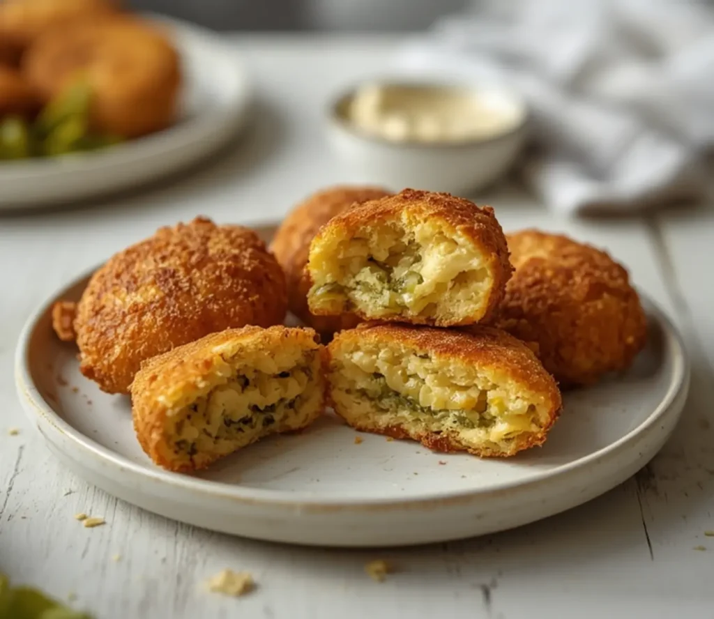 air fryer pickle relish fried: Golden brown crispy air fryer pickle relish fritters stacked high on a plate with a side of ranch dip.