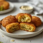 air fryer pickle relish fried: Golden brown crispy air fryer pickle relish fritters stacked high on a plate with a side of ranch dip.