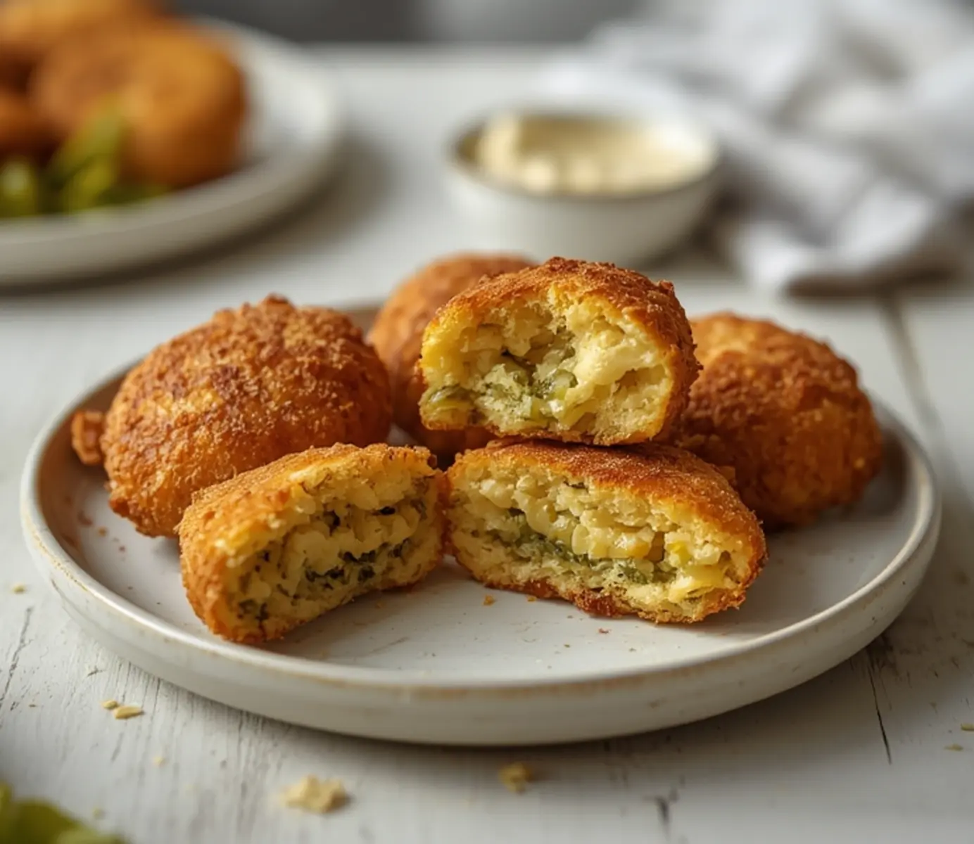 air fryer pickle relish fried: Golden brown crispy air fryer pickle relish fritters stacked high on a plate with a side of ranch dip.