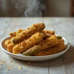 air fryer pickle spears: Golden crispy air fryer pickle spears with a crunchy panko coating on a white plate.