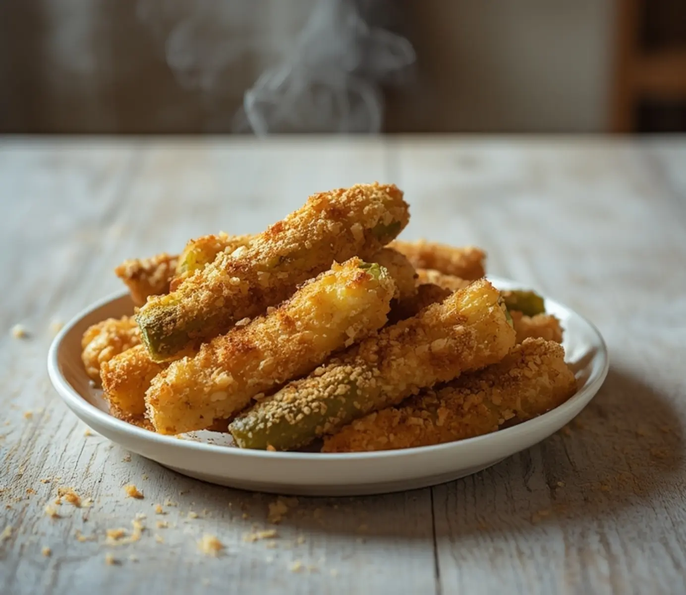air fryer pickle spears: Golden crispy air fryer pickle spears with a crunchy panko coating on a white plate.