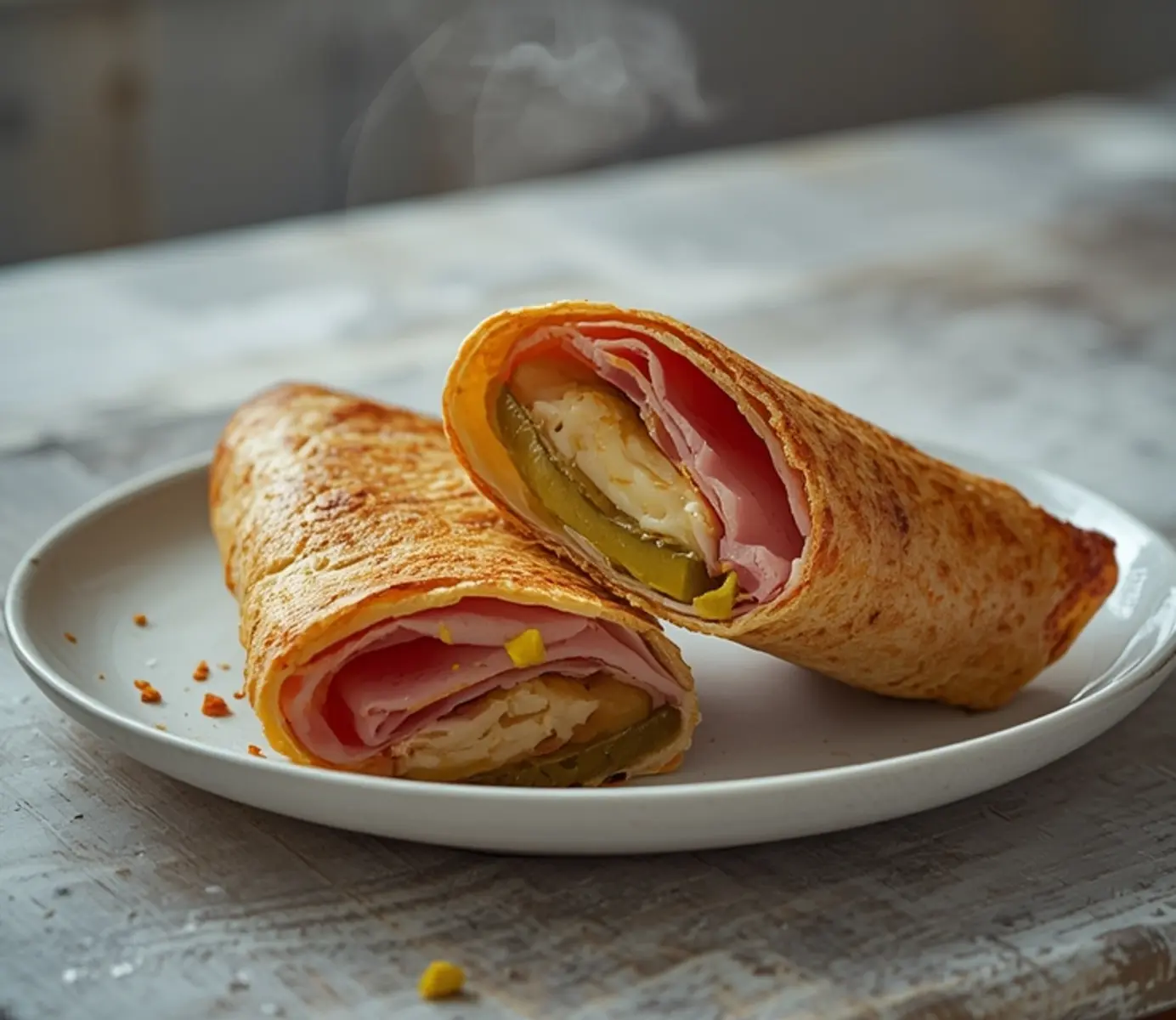 air fryer pickle wraps: Golden crispy air fryer pickle wraps on a white plate with glistening edges and visible pickle filling.