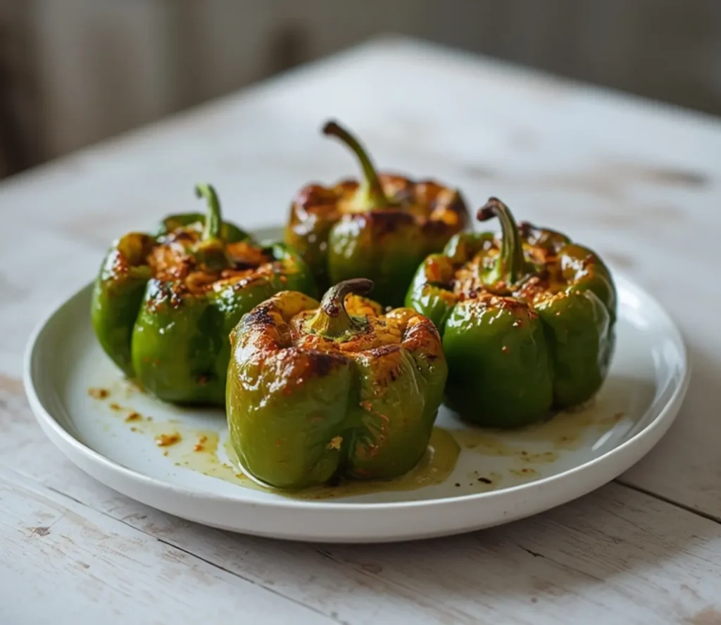 air fryer poblano peppers: Golden blistered air fryer poblano peppers with smoky charred edges on a white plate.