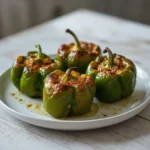 air fryer poblano peppers: Golden blistered air fryer poblano peppers with smoky charred edges on a white plate.