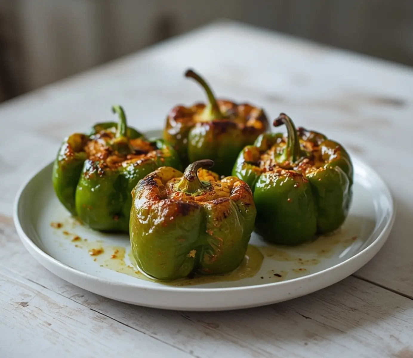 air fryer poblano peppers: Golden blistered air fryer poblano peppers with smoky charred edges on a white plate.