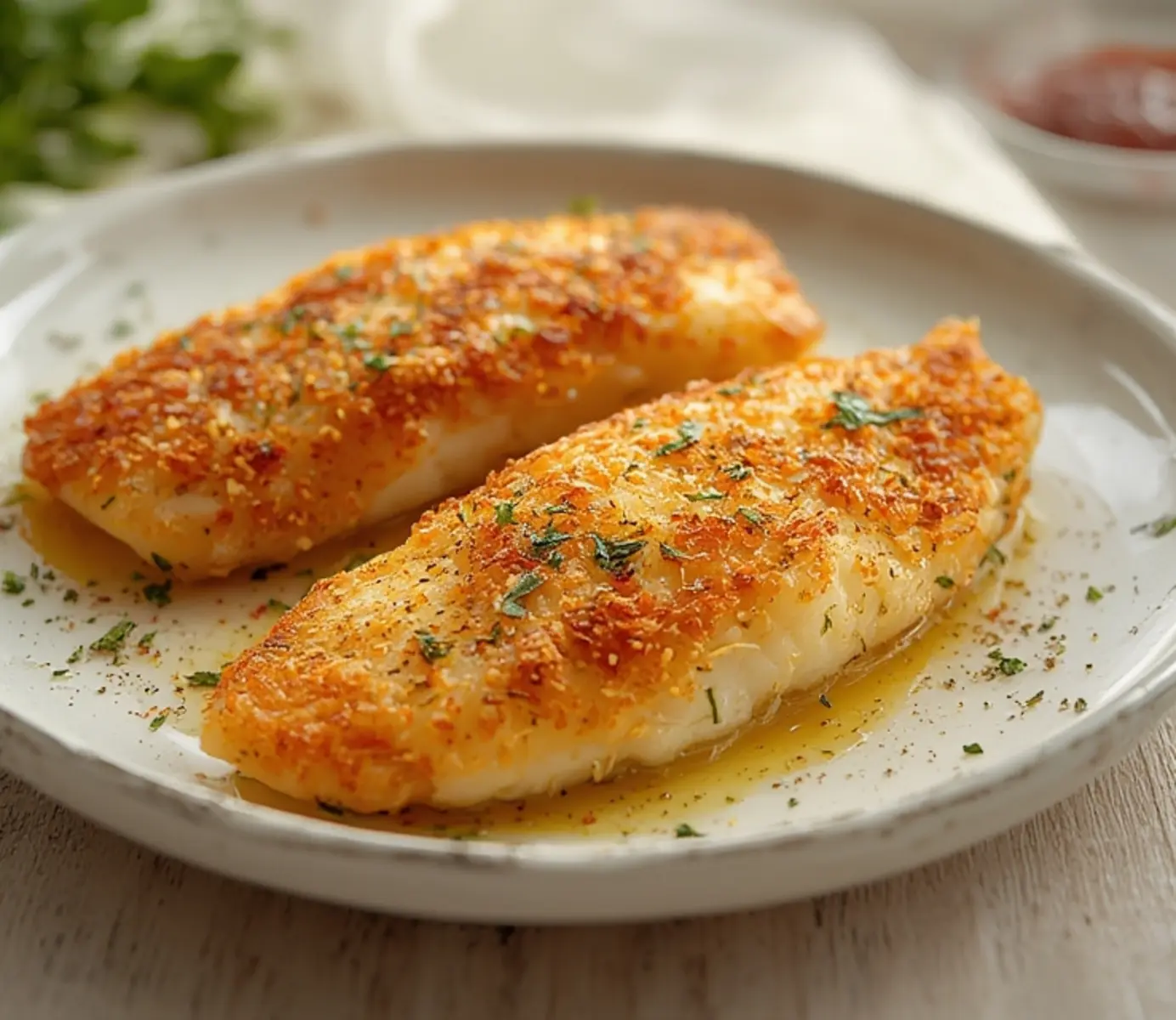 air fryer pollock fillets: Crispy golden brown air fryer pollock fillets with flaky white interior on a plate.