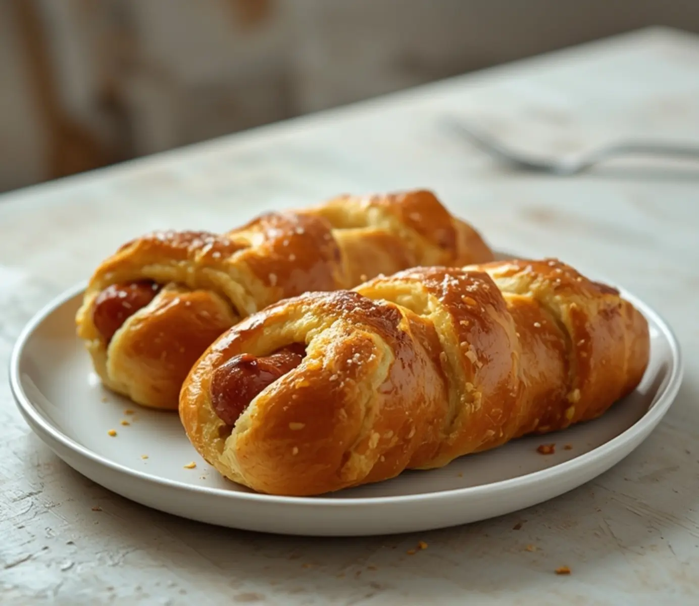 air fryer pretzel dogs: Golden air fryer pretzel dogs with crispy pretzel coating and juicy interior on a plate.