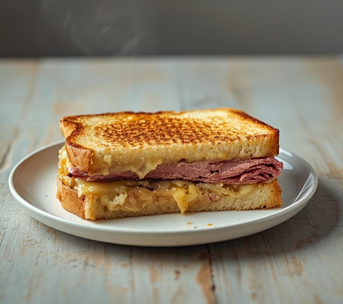 air fryer reuben sandwich: Golden crispy air fryer reuben sandwich with melted cheese and toasted rye bread.