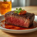 air fryer ribeye steak: Thick ribeye steak cooked in air fryer with dark crust and pink center, juicy and sizzling.