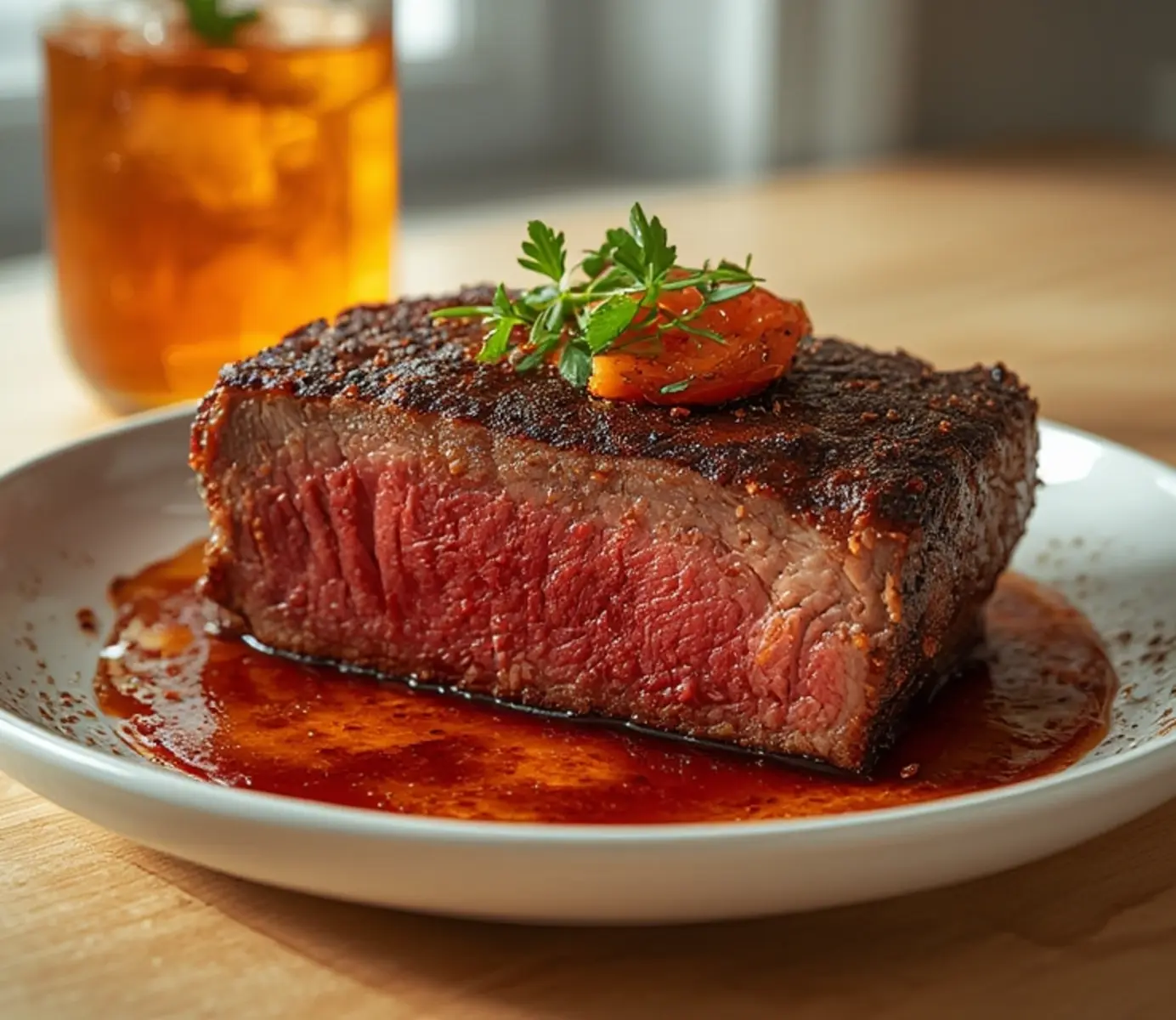 air fryer ribeye steak: Thick ribeye steak cooked in air fryer with dark crust and pink center, juicy and sizzling.