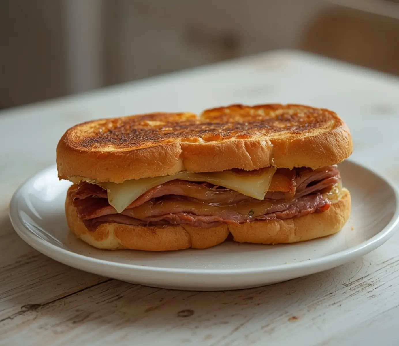 air fryer roast beef sandwich: Golden toasted air fryer roast beef sandwich with melted cheese and crispy bread edges on a plate.