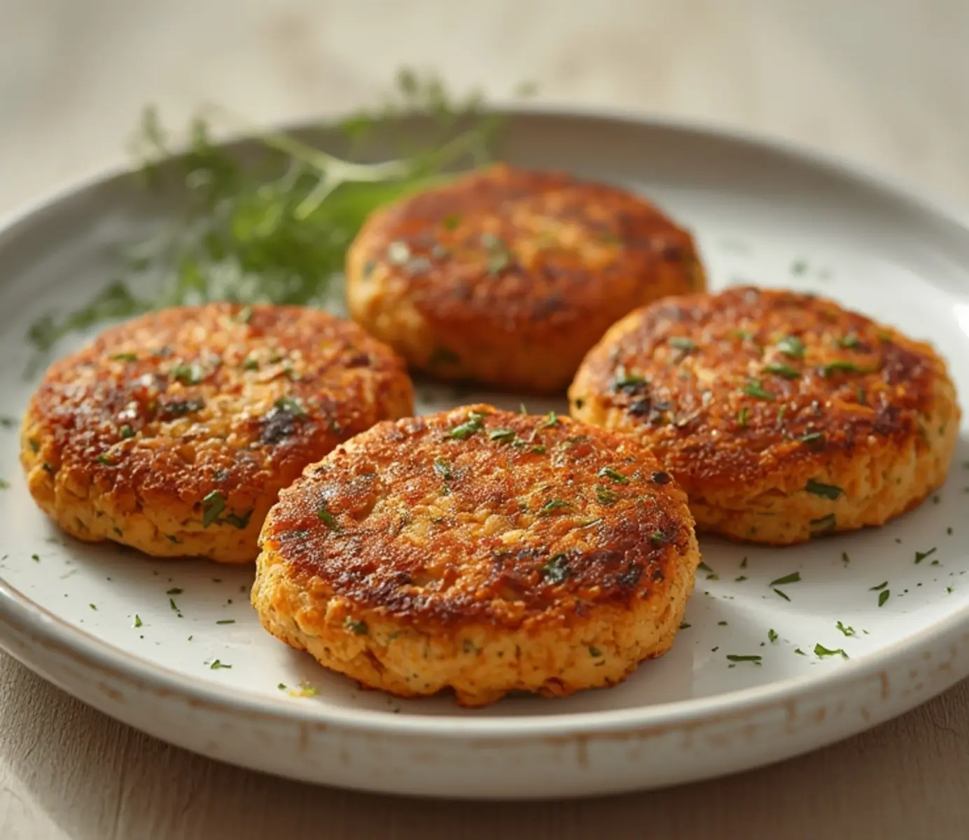 air fryer salmon burgers: Crispy golden air fryer salmon burger with juicy pink center and fresh dill garnish on a plate.