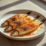 air fryer sardines crispy: Golden brown crispy air fryer sardines on a plate with lemon wedges and paprika.