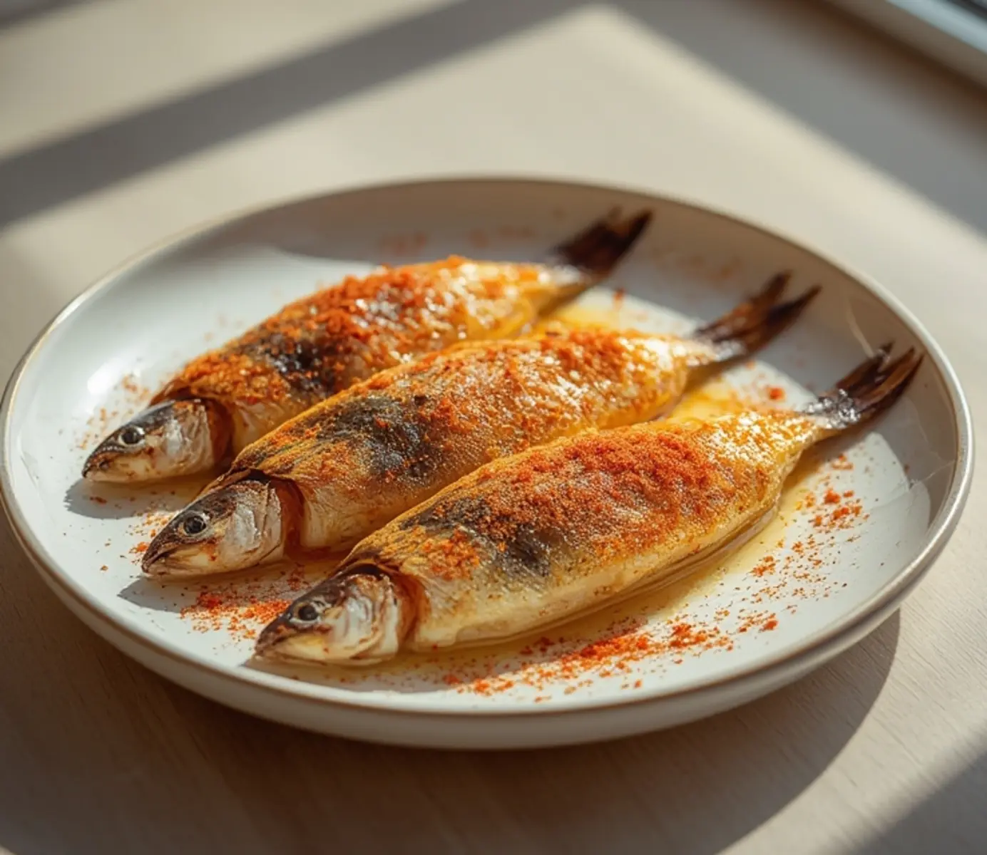 air fryer sardines crispy: Golden brown crispy air fryer sardines on a plate with lemon wedges and paprika.