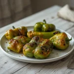 air fryer serrano peppers: Golden blistered air fryer serrano peppers in a basket with crisp edges.