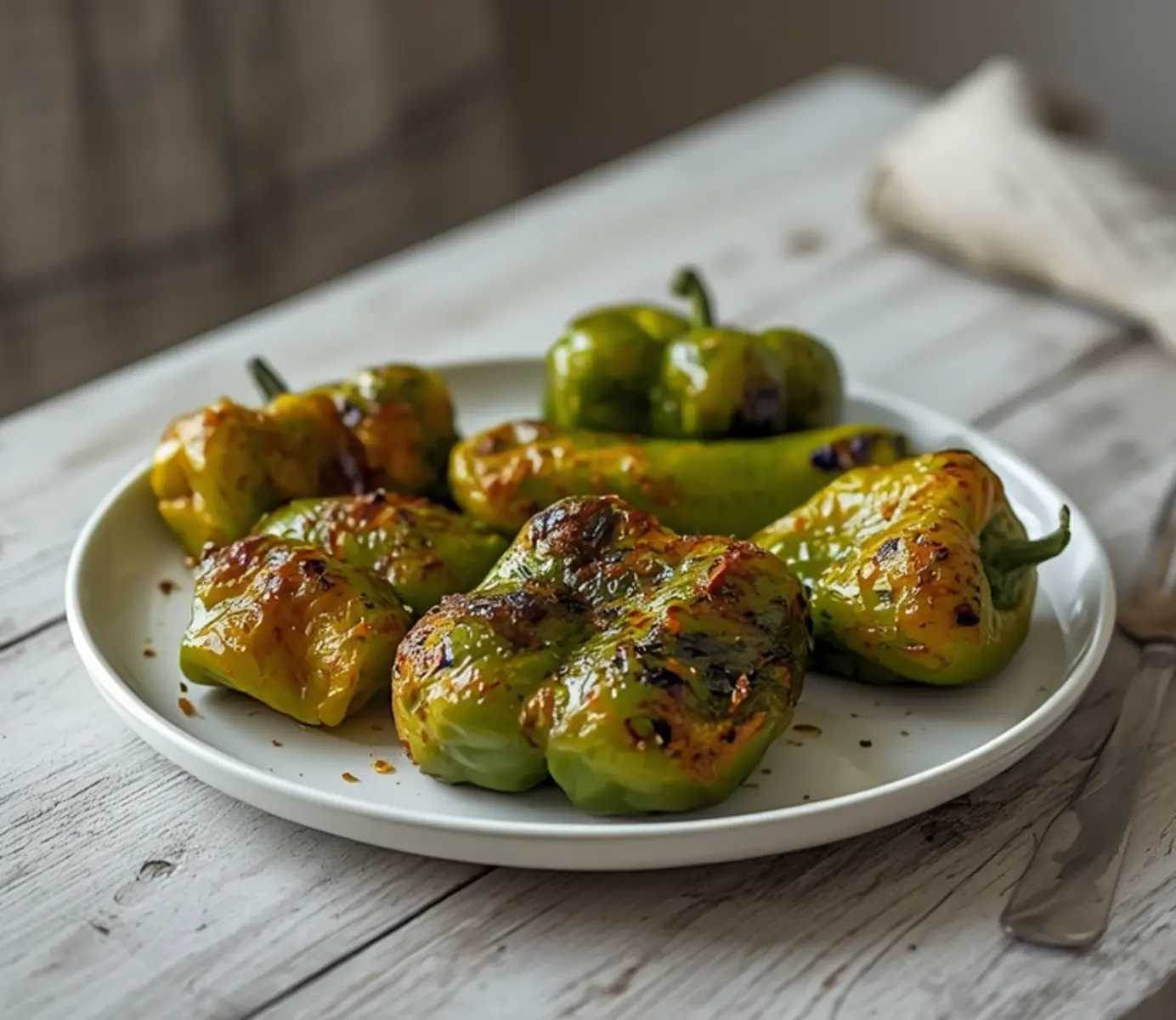 air fryer serrano peppers: Golden blistered air fryer serrano peppers in a basket with crisp edges.