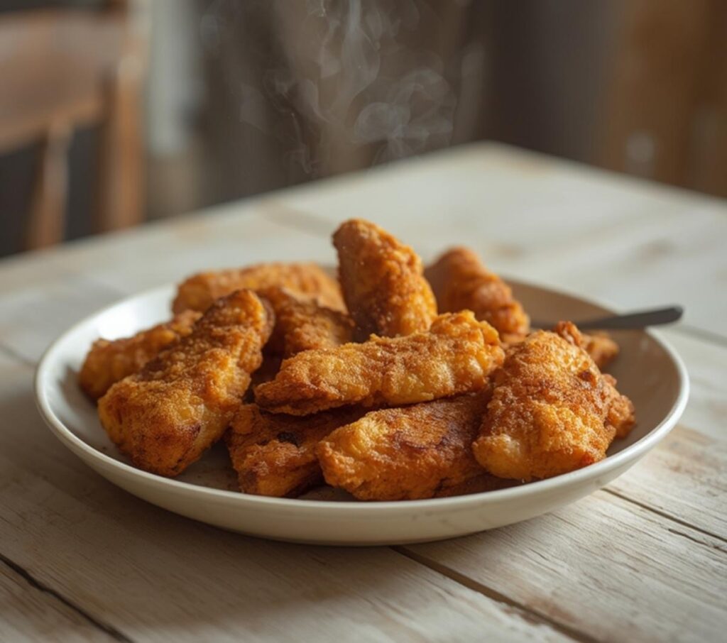 air fryer shawarma chicken: Golden crispy air fryer shawarma chicken strips with aromatic spices on a plate.