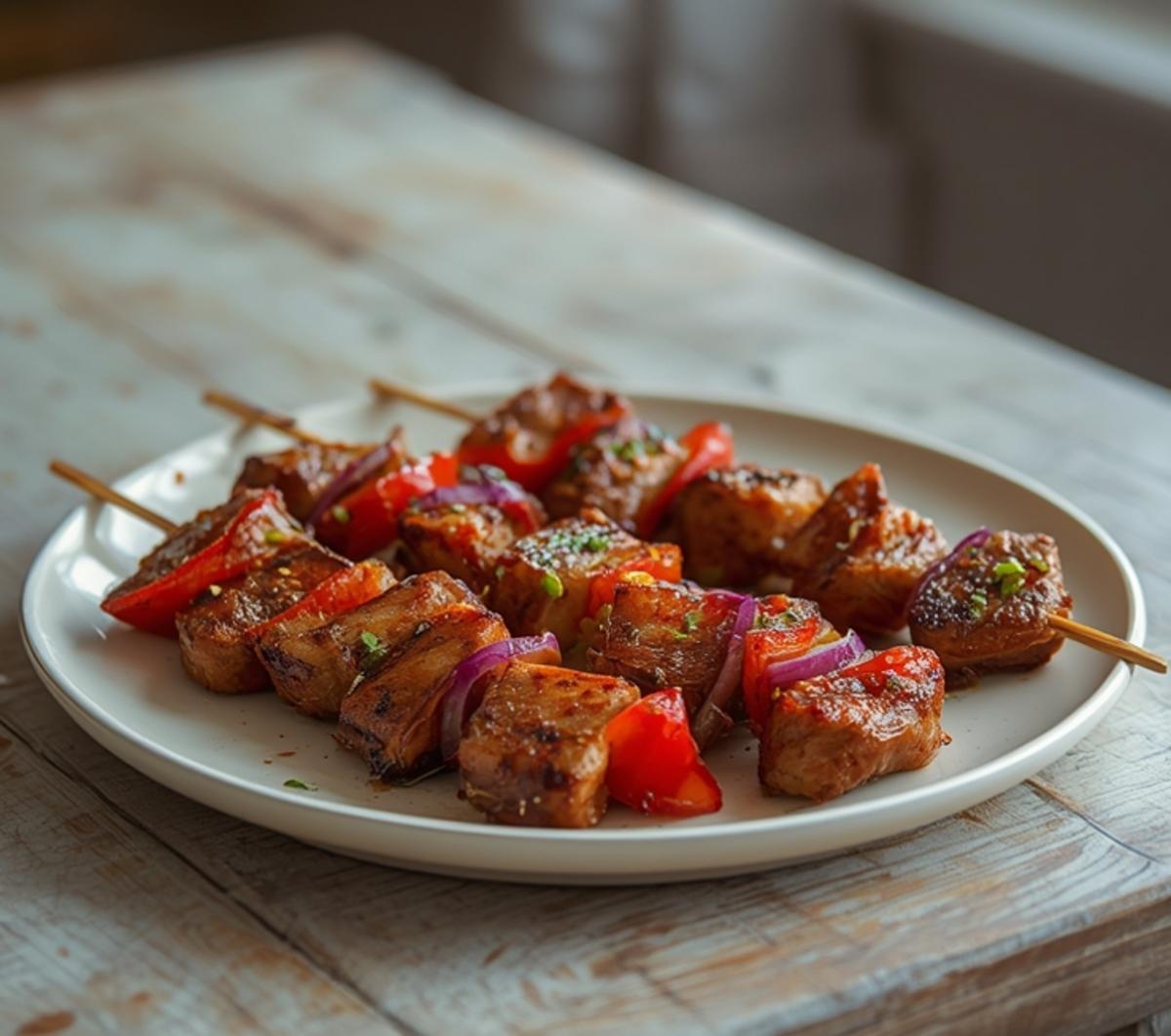 air fryer shish kebab beef: Juicy air fryer shish kebab beef skewers with charred edges and colorful vegetables on a plate.
