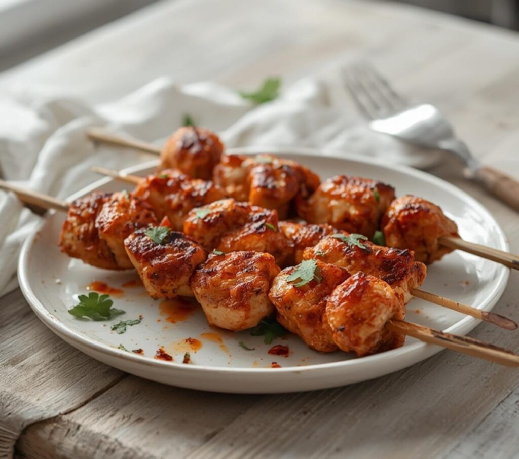air fryer shish tawook chicken: Golden brown air fryer shish tawook chicken skewers on a plate with charred edges and juicy interior.