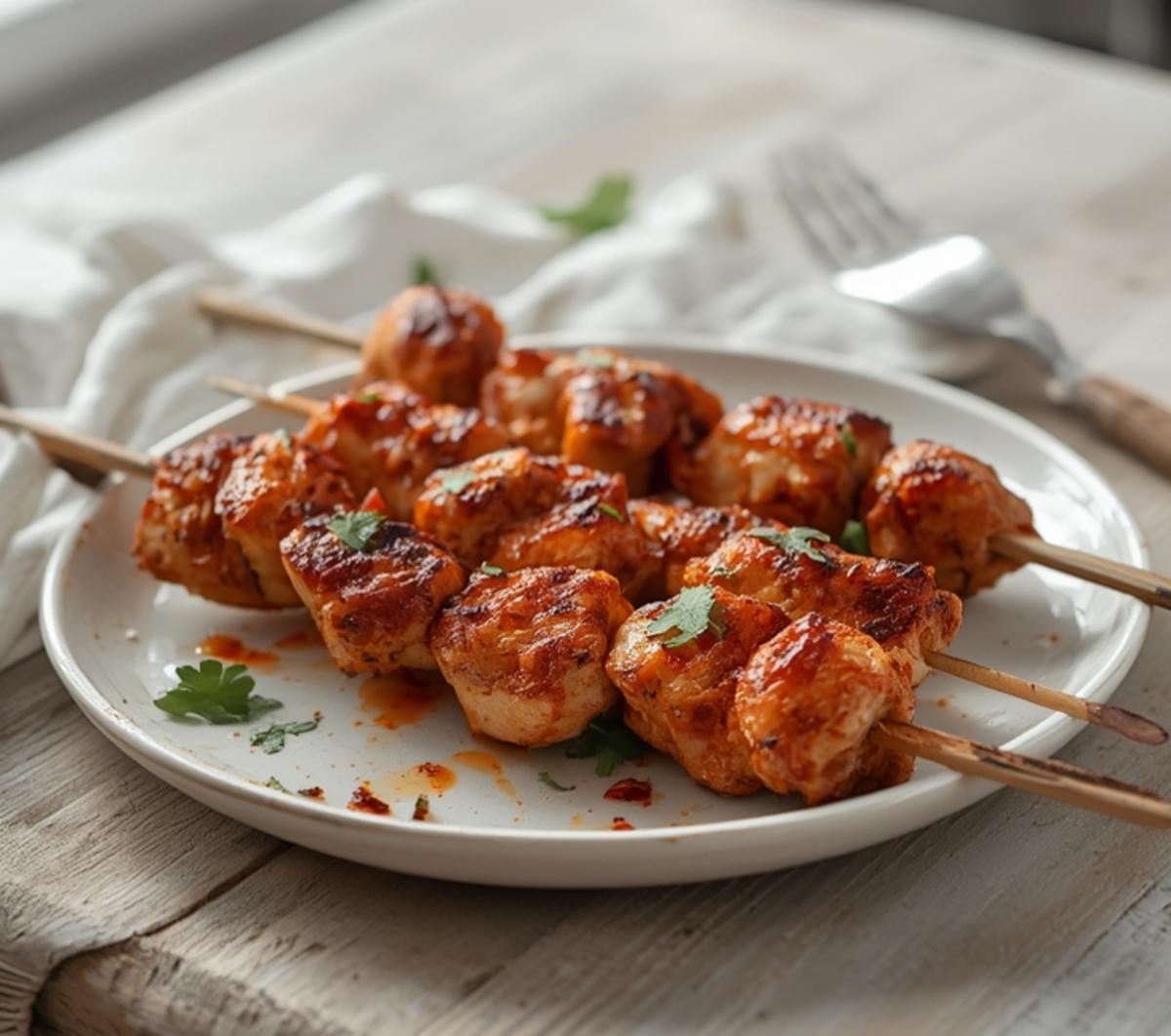 air fryer shish tawook chicken: Golden brown air fryer shish tawook chicken skewers on a plate with charred edges and juicy interior.