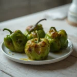 air fryer shishito peppers: Golden, blistered shishito peppers with crisp edges in an air fryer basket, perfect for Crispy Air Fryer Sides.