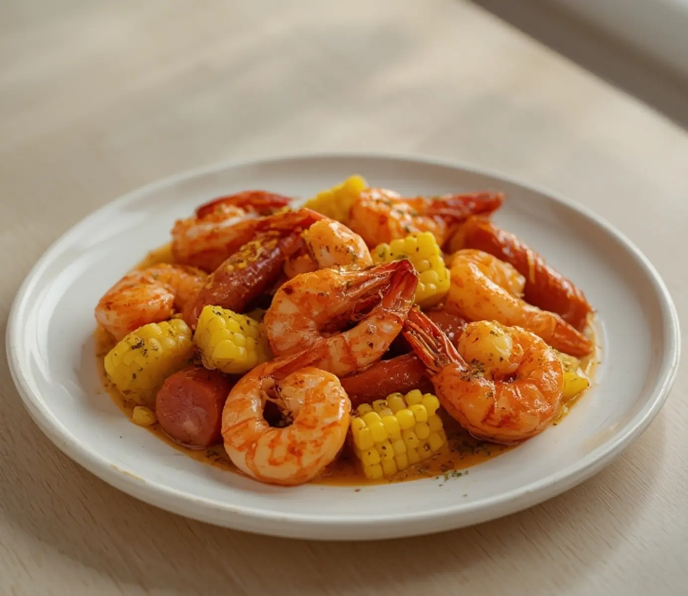 air fryer shrimp boil: Juicy air fryer shrimp boil with red shrimp, golden potatoes, and corn in a basket.