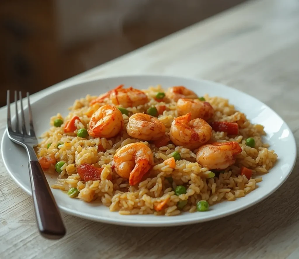 air fryer shrimp fried rice: Golden air fryer shrimp fried rice in a basket with crispy texture and red shrimp pieces.