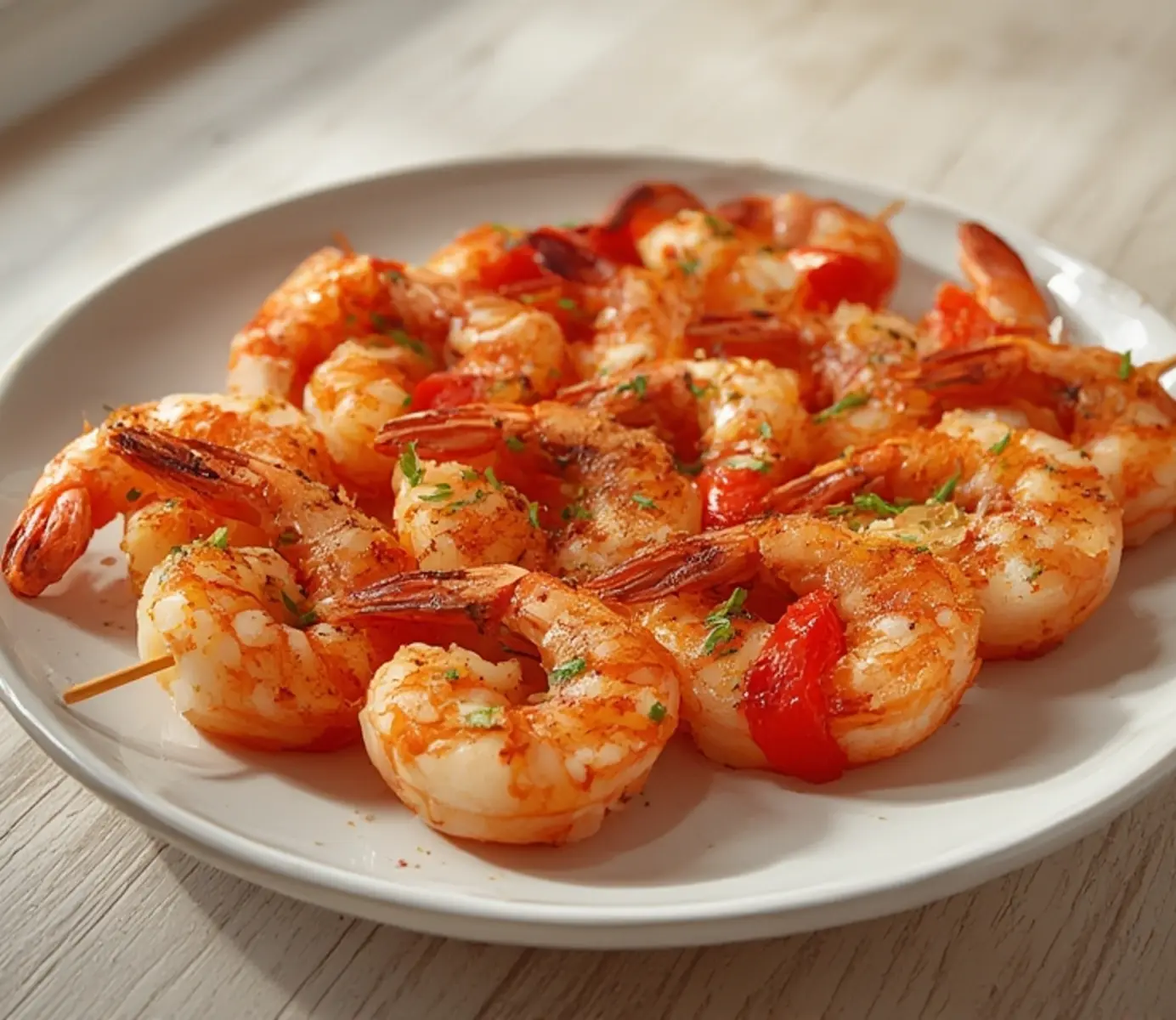 air fryer shrimp kabobs: Sizzling air fryer shrimp kabobs with charred edges and colorful bell peppers on a wooden skewer.