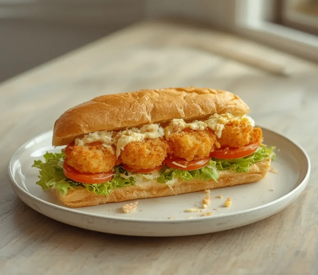 air fryer shrimp po boy: Crispy golden air fryer shrimp po boy sandwich with lettuce and tomato on a toasted roll