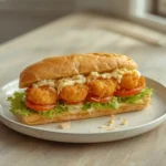 air fryer shrimp po boy: Crispy golden air fryer shrimp po boy sandwich with lettuce and tomato on a toasted roll